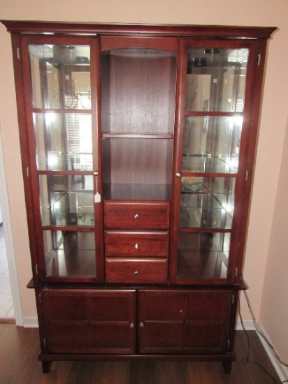 Wooden Tall Curio/Display Cabinet Lighted, Mirrored Back, 2 Glass Doors, 3 Drawers