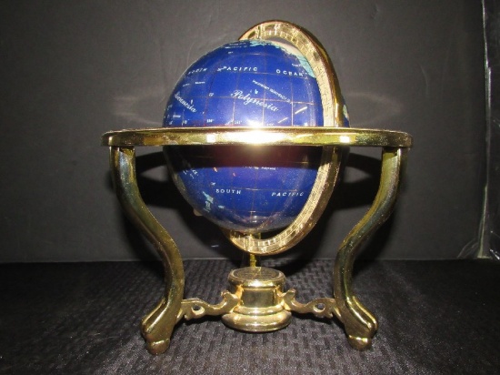 Awesome Precious Stone/Blue Enamel Globe in Brass Stand Curved Legs to Compass Center