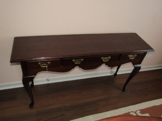 Wooden Entry Table 3 Drawers, Dovetailed, Flower Carved Brass Pulls, Wave Skirting Trim