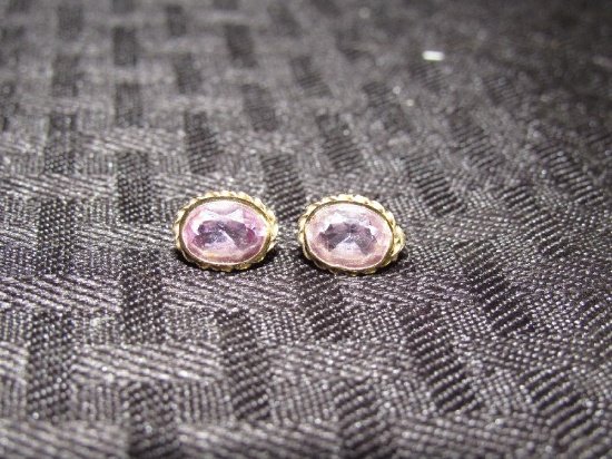 585 Pair Yellow Gold Earrings Rope Trim w/ Pale Pink Precious Gemstones