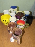 Misc. Lot - Stoneware Pottery Owl Mugs, Happy Face Mug, Misc. Mugs, Etc.