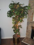 Tall Faux Ficus Tree in Brass Ribbed/Hand Beaten Planter