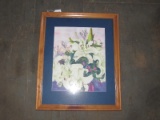 Hand Painted White Flowering Picture Signed MT '99 In Wood Frame/Matt