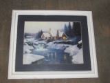 Winter Home by River Picture Print Scene in White Wood Frame/Matt