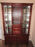 Wooden Tall Curio/Display Cabinet Lighted, Mirrored Back, 2 Glass Doors, 3 Drawers