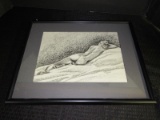 Nude Woman Sketch Picture Signed M. Tankin in Black Metal Frame/Matt