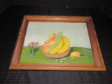 Hand Painted Fruit in Bowl Scene in Wood Frame/Matt