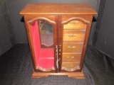 Tall Wooden Jewelry Box 5 Drawers, 2 Glass Doors w/ Mirrored Back, Red Felt Inlay