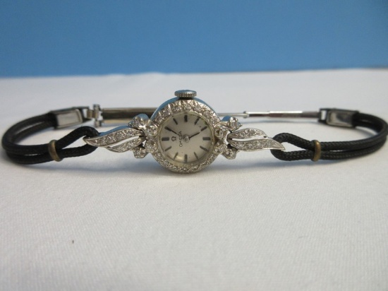 Stunning 14k White Gold Case Omega Diamond Bezel Ladies Wrist Watch