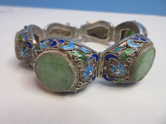 Antique Sterling Silver Green Aventurine Intaglio & Blue Enamel Floral Design Bracelet