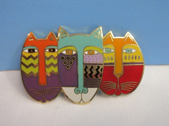 Rare Find Laurel Burch Native Cats Trio Cat Faces Boho Cloisonné Art Jewelry Brooch Pin