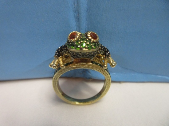 Judith Ripka 925 Sterling Silver Plated Gold Gemstones Frog Design Ring