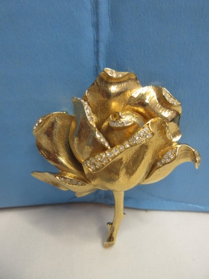 The Nolan Miller Glamour Collection Gold Tone Stem Rosebud Brooch Pin Rhinestone Accents