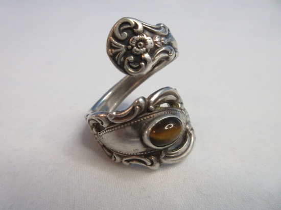 Towle Sterling Grand Duchess 1973 Spoon Ring Eye of Tiger Gemstone