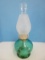 Pressed Glass Emerald Flash Footed Ball Oil Lamp Base w/ Frosted Shade