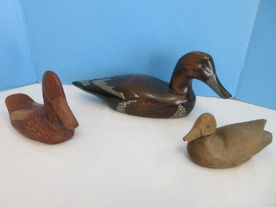 3 Carved Wooden Duck Decoys 3 1/2" H x 7" Natural Finish, Hand Painted Pintail 6" x 14 1/2"