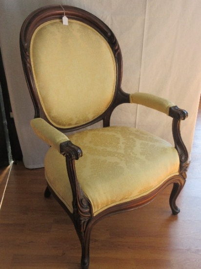 Traditional Victorian Era Style Gentleman's Parlor Chair Heavily Carved Mahogany Trim