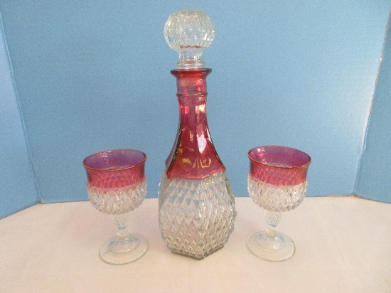 3 Pieces - Set Indiana Glass Diamond Point Ruby Flash Band Pattern Heavily Pressed Glass