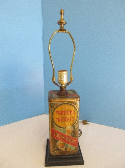 Manning & Mackay's Cough Drops Tin Canister Converted 20" Table Lamp on Black Base
