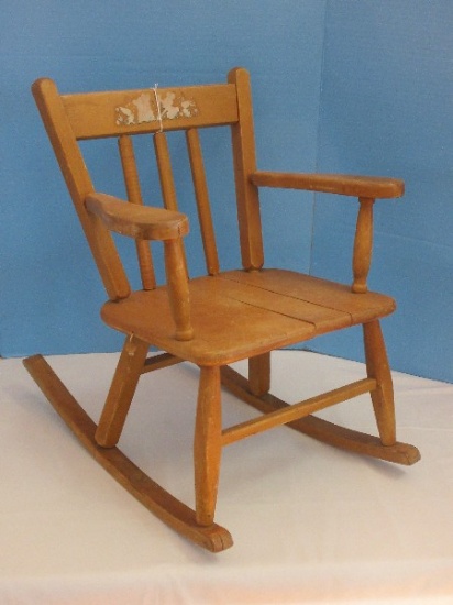 Vintage Adorable Child's Spindle Back Musical Rocker Maple Rocking Chair