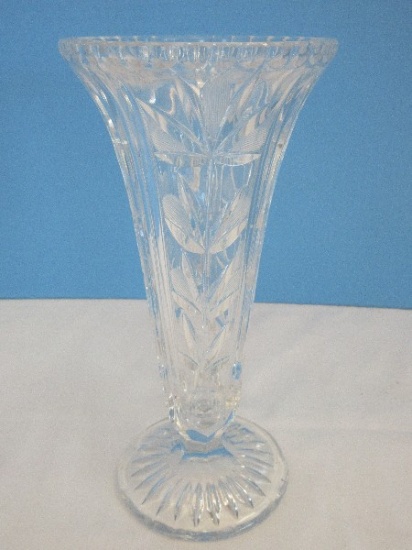 Crystal 9 1/2" Trumpet Flared Rim Vase Etched Flower Buds Design