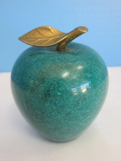 Stone Fruit Green Marble 3 3/4" Apple Paperweight w/ Brass Leaf Stem