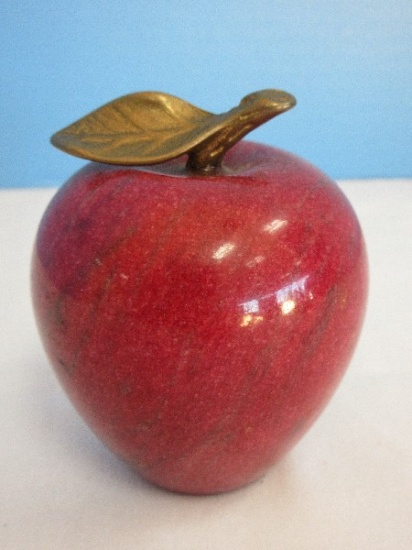 Stone Fruit Red Marble 3 3/4" Apple Paperweight w/ Brass Leaf Stem