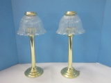 Pair - Brass Tone Column Candlesticks w/ Glass Ribbed Design Ruffled Edge