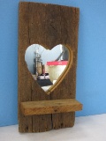 Primitive Rustic Wood Plank Heart Framed Mirror w/ Shelf Wall Accent Décor