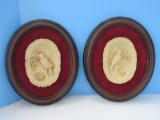 Pair - Oval Resin Three Dimensional Birds Perched on Flowering Limb in Two Tone Oval Frames