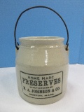 H.A. Johnson & Co. Pottery Preserves Crock w/ Wire Handle