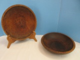 2 Wooden Shallow Bowls Band Rim Ovoid Shape