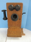 Early Oak Case Kellogg Style Wall Telephone Box Crank, Double Bell