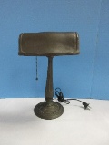 Depression Era Pull Chain Bankers Desk Lamp Cast Iron w/ Relief Design Gilded Patina