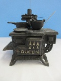 Miniature Queen Cast Iron Collectible Rustic Stove w/ Covers, Pots & Pan