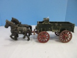 Green Metal Wagon w/ 2 Horse Pulling Team Toy Made in USA