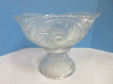 Pressed Glass Pedestal Punch Bowl Whirling Star Design