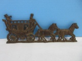 Quaint Cast Metal Horse Drawn Stage Coach Wall Plaque Rustic Patina