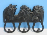 Cast Iron 3 Relief Horse Heads w/ Horse Shoe Hooks Wall Plaque Black Finish
