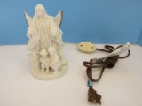 Lighted Bisque Guardian Angel Watching Over Little Boy & Girl Figurine Gilt Accent Wings
