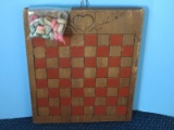 Folk Art Primitive Wooden Checker Board w/ Wooden Ring Pieces