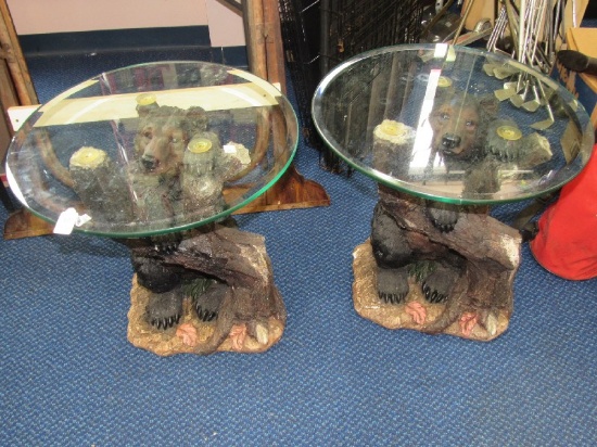 Pair - Glass Round Top Side Tables w/ Black Bear in Tree Design Base