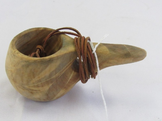 Carved Wooden Cup w/ Leather Strap