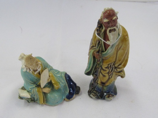 2 Vintage Pottery Chinese Mudmen Philosophers Décor