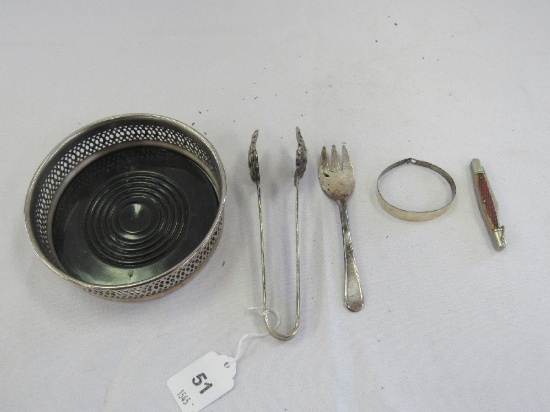 Silverplate Lot - Tongs, Bracelet, Pierced Bowl, Penknife