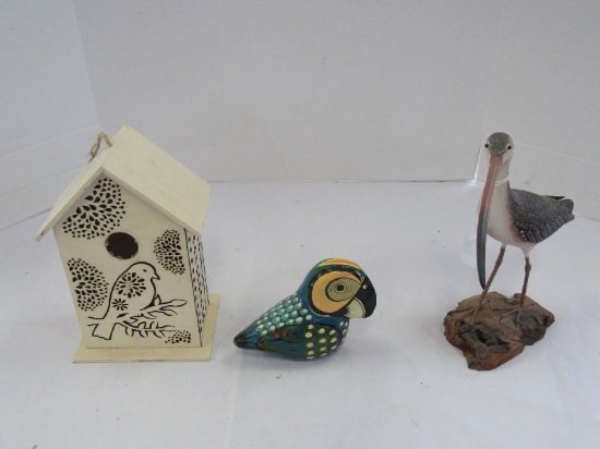 Lot - Wooden Tall Curlew Bird, Wooden Parrot, Pierced/Bird Motif Wooden Birdhouse