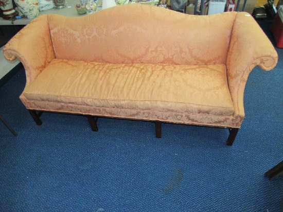 Hickory Chair Furniture Pink Lounge Couch w/ Camel Back, Scroll Arms, Grooved Wood