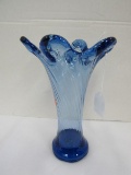 Blue Glass Tall Vintage Vase Twist Motif, Wave Trim