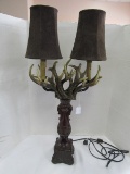 Wooden Carved Twin Arm Lamp Antler Top Motif w/ Scroll/Scalloped Heavily Embellished Body