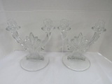 Pair - Clear Glass Twin Arm Scallop Design Candle Holders
